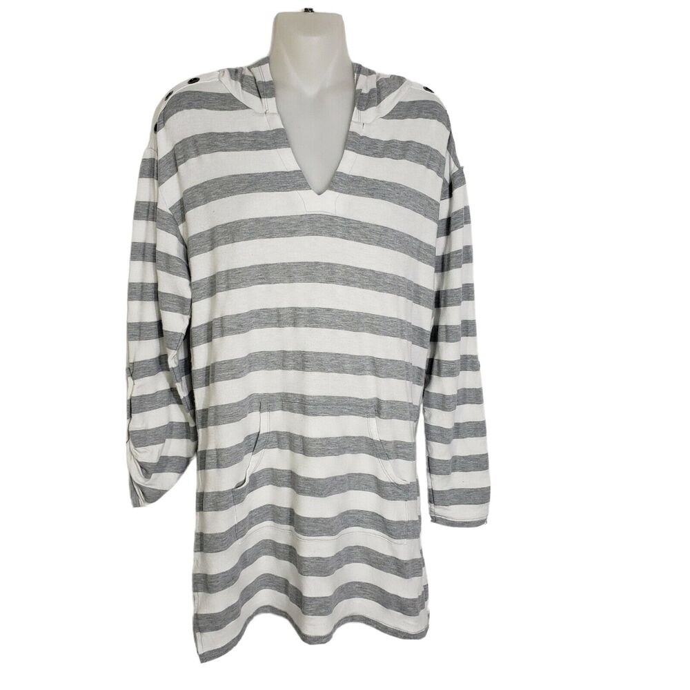 Beach Break Womens Tunic Top Cover Up Medium Gray Striped Long Tab Sleeve Pocket